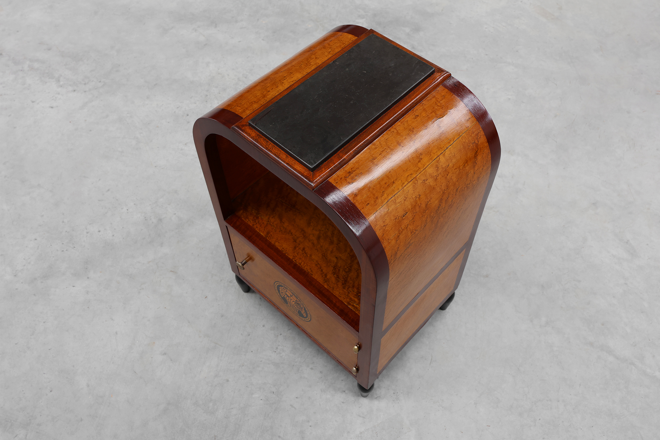 Arched Art Deco side table with storage unit and black marble top, France ca. 1920thumbnail
